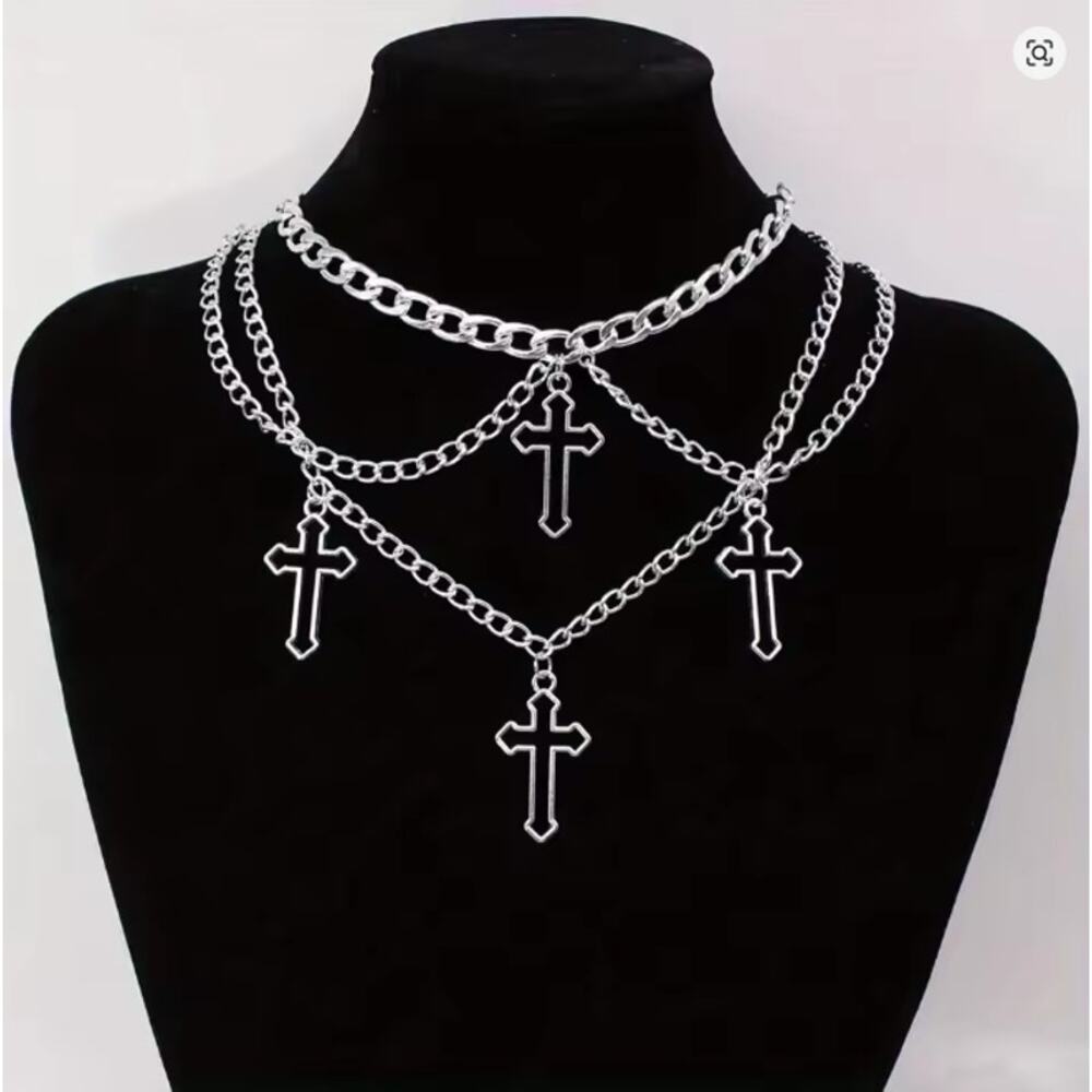 Silver Layered Cross Necklace Gothic Multi Chain Pendant Choker Punk Jewelry